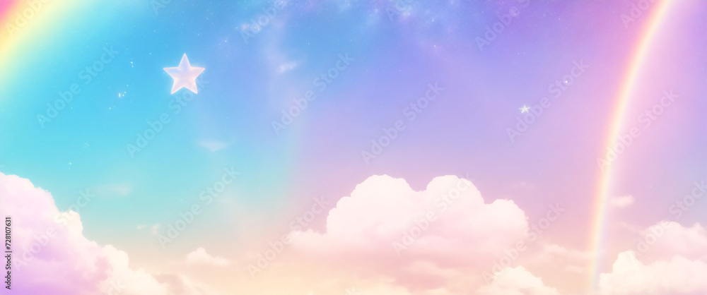 Holographic fantasy rainbow unicorn background with clouds and stars. Pastel color sky. Magical landscape, abstract fabulous pattern. Cute candy wallpaper. Vector.