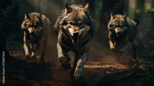 Pack of wolfs running in forest © Affia