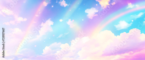 Holographic fantasy rainbow unicorn background with clouds and stars. Pastel color sky. Magical landscape, abstract fabulous pattern. Cute candy wallpaper. Vector. photo