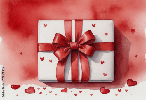 White gift box with a red bow on a red background in watercolor style