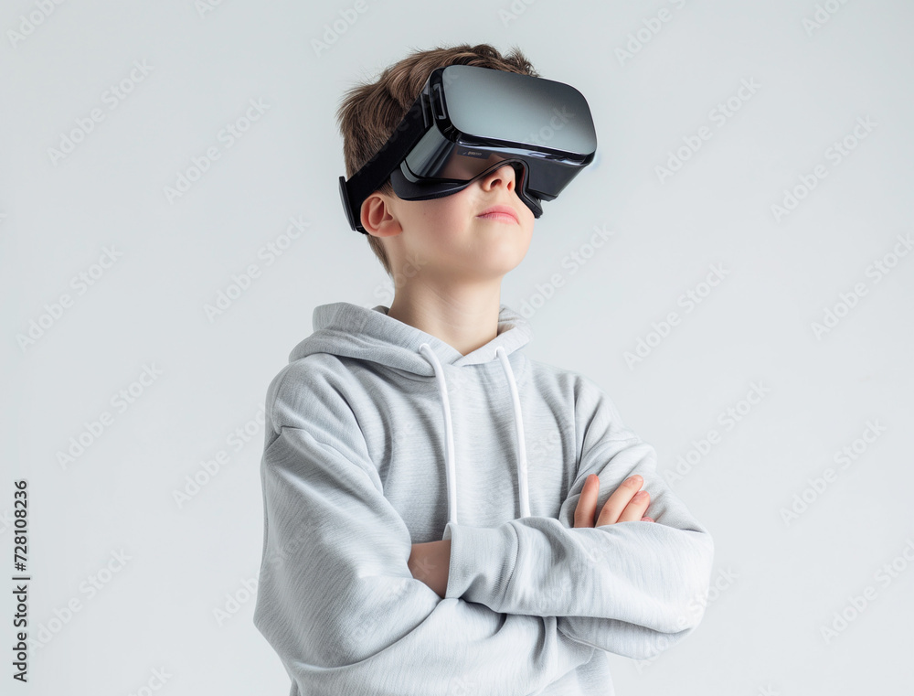 14-17 year old boy wearing iVR glasses isolated on clean white background 14-17 year old boy wearing iVR glasses isolated on clean white background