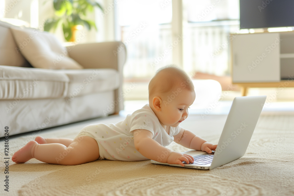 A baby plays a laptop in a bright living room A baby plays a laptop in a bright living room
