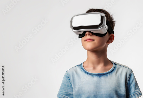 14-17 year old boy wearing iVR glasses isolated on clean white background
