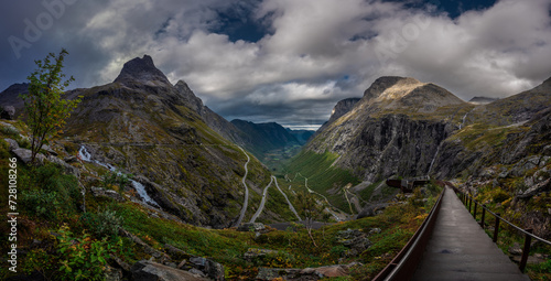 Trollstigen Viewpoint Winding Road and Beautiful Waterfall -Norway Travel