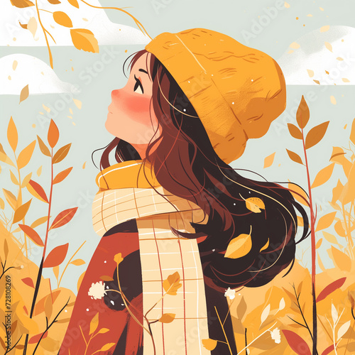 cute girl walking outdoors in autumn, cartoon style