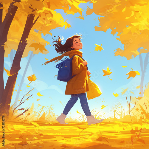 cute girl walking outdoors in autumn, cartoon style
