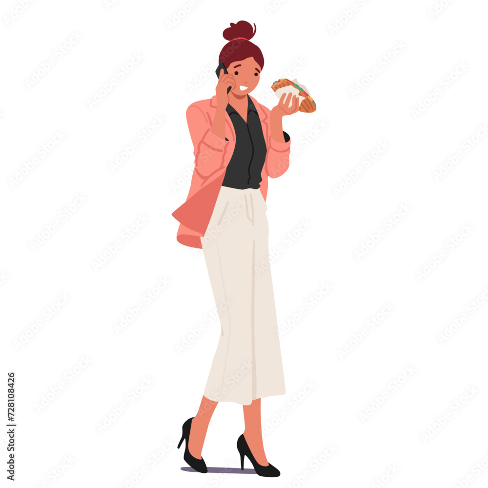 Multitasking Busy Woman Character Juggles Calls And Bites On-the-go, A Symphony Of Efficiency As She Navigates Her Day Multitasking Busy Woman Character Juggles Calls And Bites On-the-go, A Symphony Of Efficiency As She Navigates Her Day