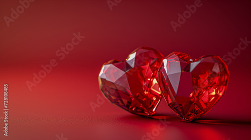 Two heart-shaped diamonds sparkling on vibrant red background. Romantic concept