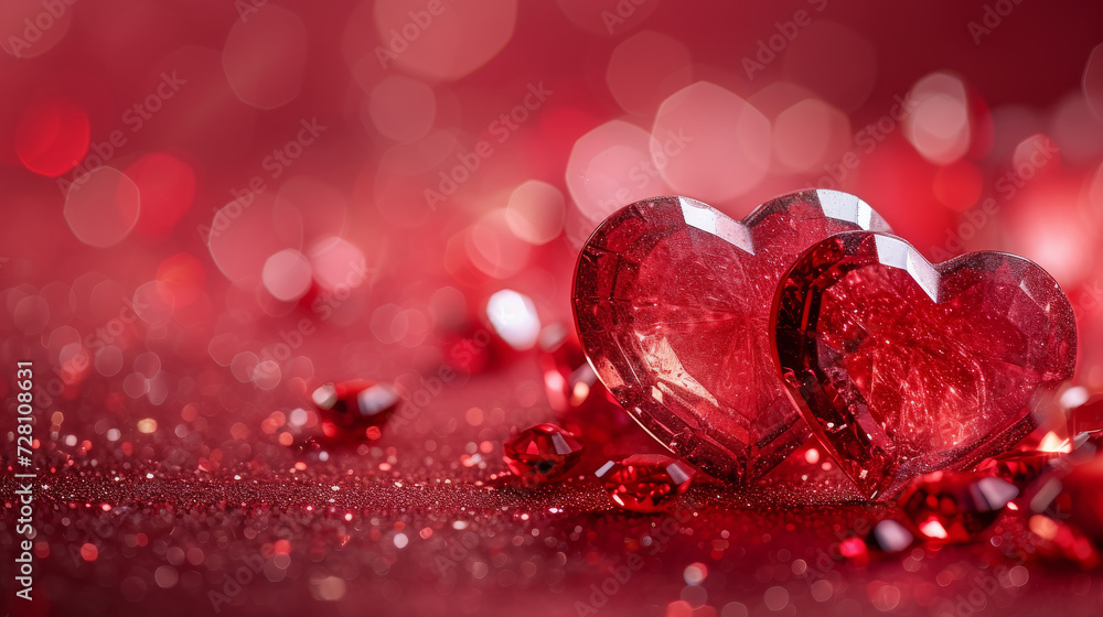 Two heart-shaped diamonds sparkling on vibrant red background. Romantic concept Two heart-shaped diamonds sparkling on vibrant red background. Romantic concept