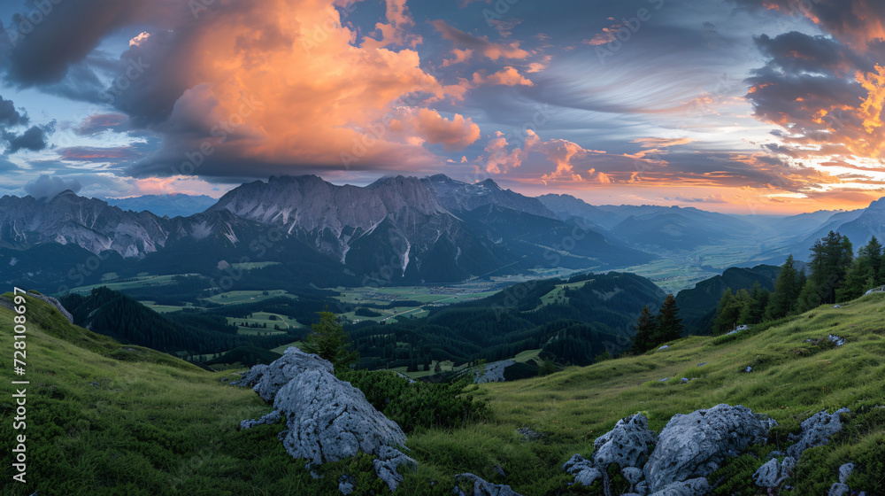 Alpine landscape panorama in the evening.