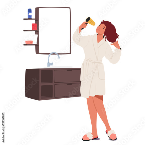 Female Character In Her Daily Routine, Woman Dries Hair With A Fan, Creating A Rhythmic Ritual That Blends Cool Breezes