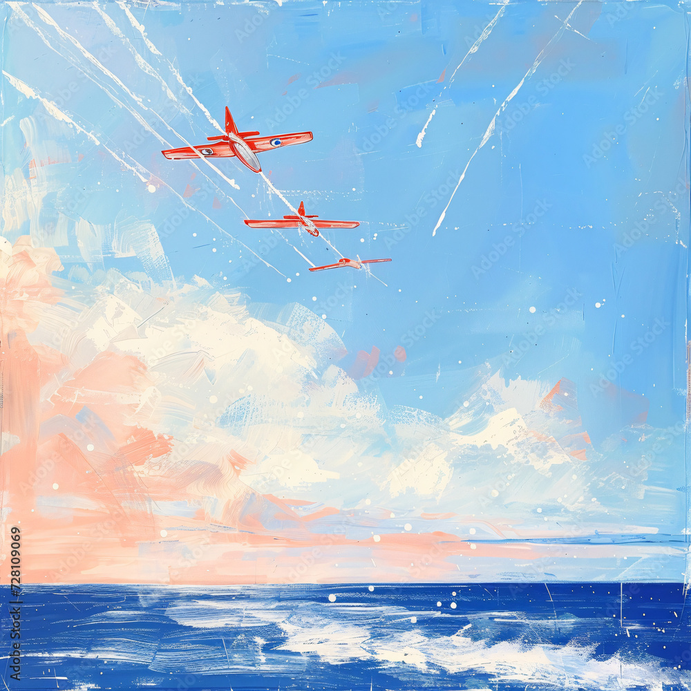 Airshow in sky by bright sea and traced lines.