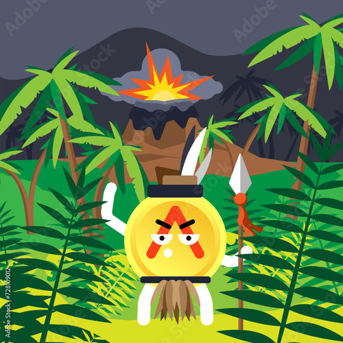 The character of a primitive hunter in the image of a coin on the background of a volcano in the jungle. The concept of jumping on cryptocurrency exchanges