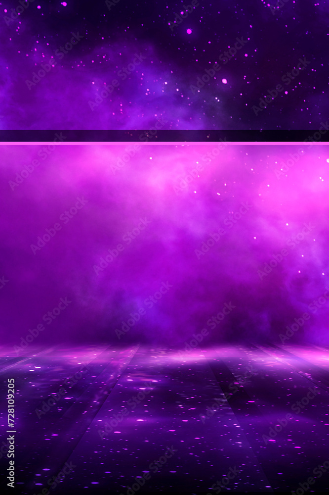 Obraz premium Abstract empty dark stage with purple smoke, neon, sparkles.