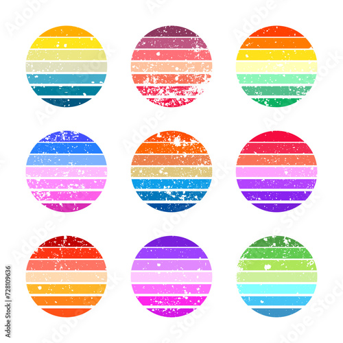 Grunge vintage sunset collection. Colorful striped sunrise badges in 80s and 90s style. Sun and ocean view, summer vibes, surfing. Design element for print, logo or t-shirt. Vector illustration © 32 pixels