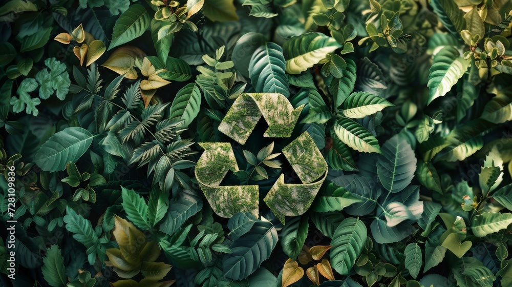 Obraz premium An eco-friendly garden blooms with life, as a green recycle symbol among leaves symbolizes a commitment to sustainability and nurturing the earth