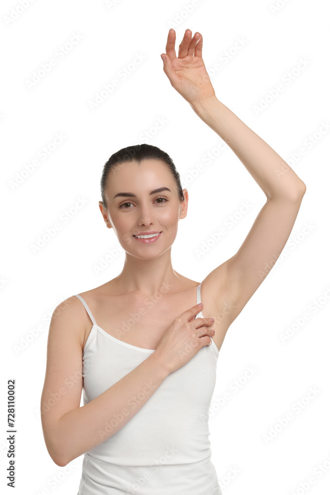 Beautiful woman showing armpit with smooth clean skin on white background Beautiful woman showing armpit with smooth clean skin on white background