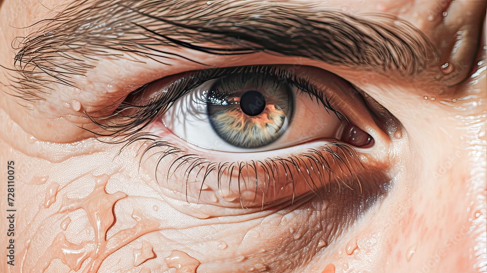 Fototapeta premium Close-up: young Caucasian eye, intense gaze, water droplets, serious expression, captivating clarity
