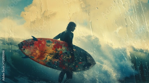 An adventurous surfer braves the crashing waves, poised on their surfboard against the backdrop of a vibrant beach painting photo