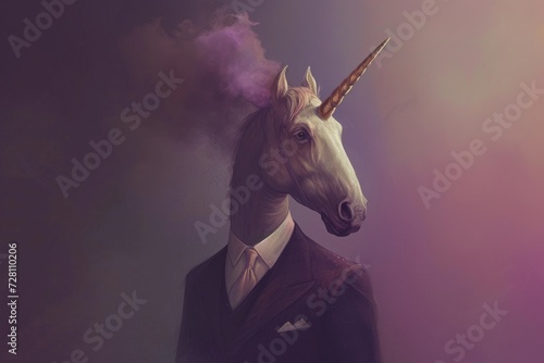 A majestic mammal, adorned with a shimmering horn, stands tall and dignified in a tailored suit, embodying both grace and professionalism photo