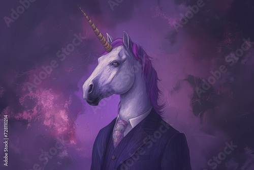 A majestic horse, adorned in a tailored suit and vibrant purple hues, leaps through an animated world of wonder as a mystical unicorn emerges from its mundane mammalian form photo