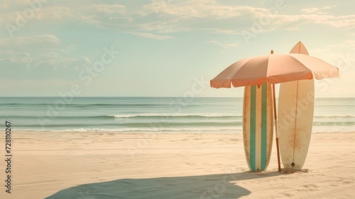 Amidst the sandy shore, a solitary surfboard and umbrella stand tall against the vast blue sky, beckoning for a day of adventure and relaxation by the sparkling ocean