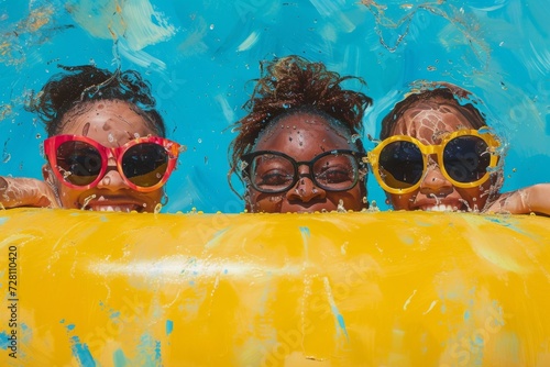 Amidst the bright rays of the sun, a lively group of girls sport yellow-tinted sunglasses and playful expressions as they prepare to take a dip in the cool waters of the swimming pool