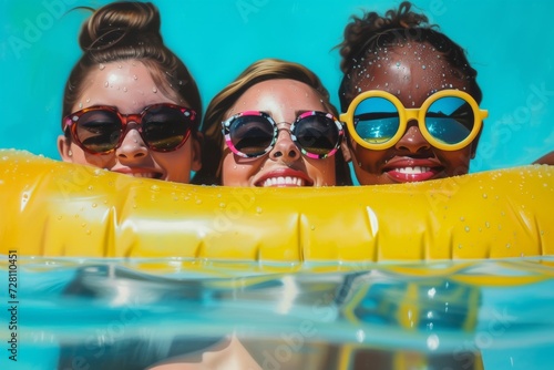 A joyful group of women, sporting yellow sunglasses and beaming smiles, effortlessly float in crystal clear water while wearing goggles, exuding carefree and fun energy