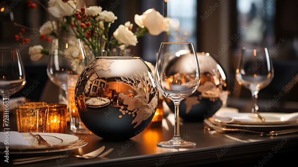 Table decoration with a bouquet of flowers, plates, glasses, napkins and candles arranged in a modern way. Table decoration with a bouquet of flowers, plates, glasses, napkins and candles arranged in a modern way.