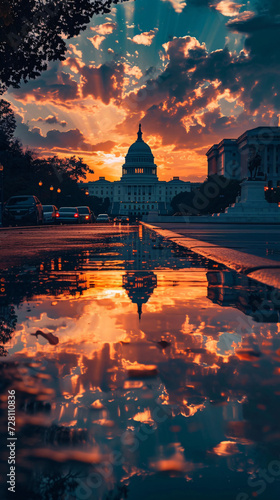 The US Capitol building illuminated by the warm hues of sunset in the heart of Washington DC