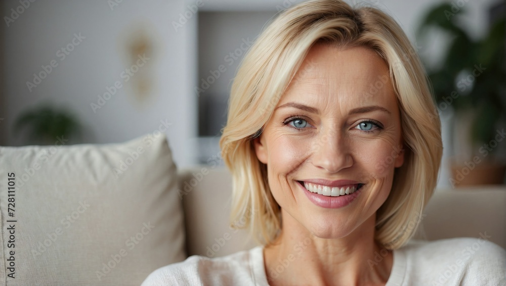 Middle-aged blonde woman with a friendly smile taking a selfie at home, comfortably seated on a couch. Middle-aged blonde woman with a friendly smile taking a selfie at home, comfortably seated on a couch.