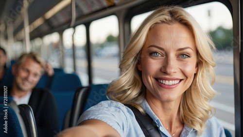 Close-up selfie of a middle-aged blonde woman smiling on a bus, with a blurred male passenger in the background.