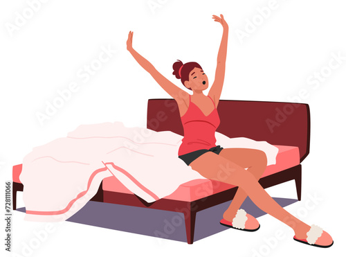 Woman Character Awakens Gracefully, Extending Her Arms And Legs In A Morning Stretch On Her Bed, Vector Illustration