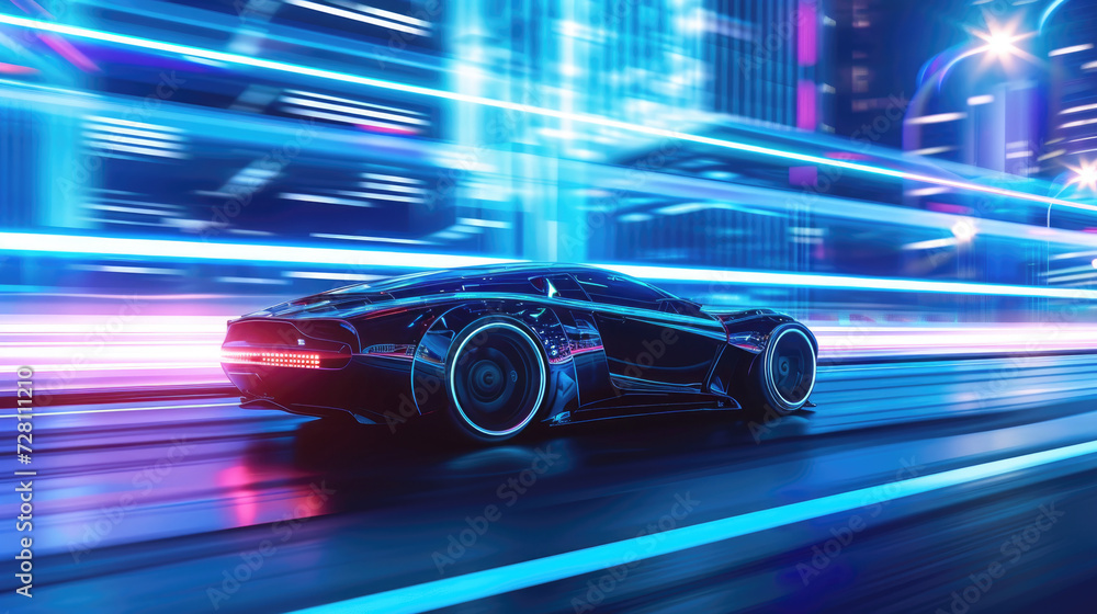 Futuristic sports car drives fast in city, shiny luxury auto moves on highway at night. Racing vehicle on neon urban road. Concept of speed, motion, light, future, design, street Futuristic sports car drives fast in city, shiny luxury auto moves on highway at night. Racing vehicle on neon urban road. Concept of speed, motion, light, future, design, street