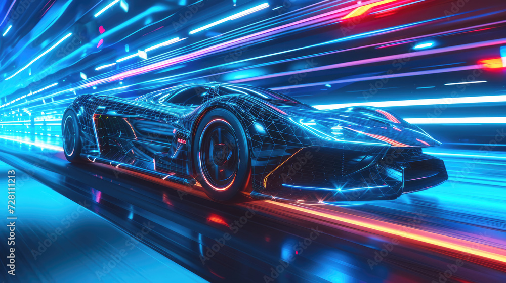 Futuristic sports car drives fast at night, shiny luxury auto moves on highway at dusk. Racing vehicle on neon city road. Concept of speed, motion line, technology, light, future