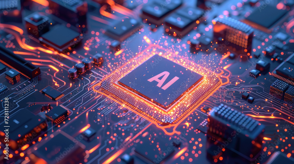 Futuristic AI processor glows with orange energy and power, chip of artificial intelligence radiates red light. Concept of computer technology, circuit board, cpu, data