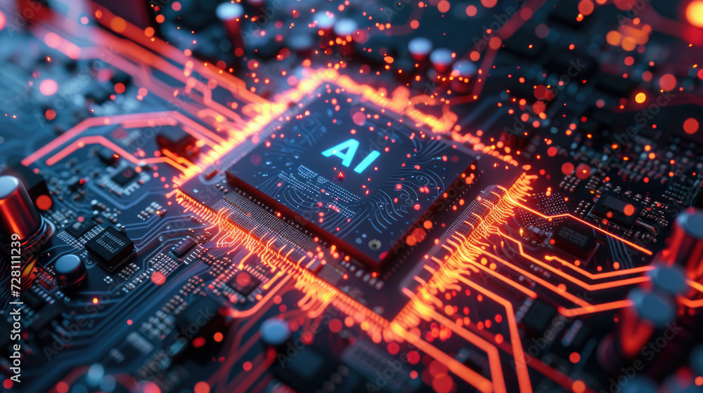 Futuristic AI processor glows with orange energy, chip of artificial intelligence radiates red light. Concept of computer technology, circuit board, cpu, data, semiconductor Futuristic AI processor glows with orange energy, chip of artificial intelligence radiates red light. Concept of computer technology, circuit board, cpu, data, semiconductor