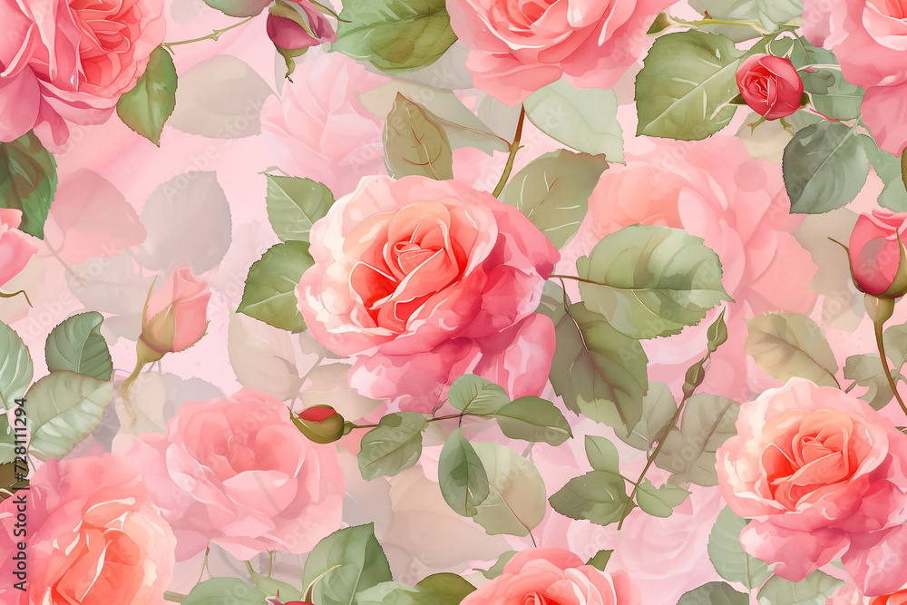 Fototapeta premium Watercolor floral seamless pattern in pink Color roses,postcards, greeting cards, wedding invites, romantic events
