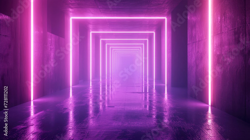 Modern neon concrete garage background, abstract empty room with lines of led purple light, dark futuristic studio or hallway. Concept of cyberpunk space interior, hall, tunnel