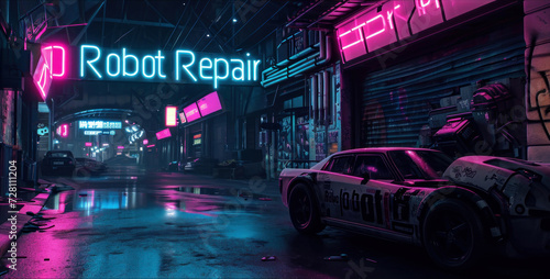 Cyberpunk neon city street at night, dark grungy alley with robot repair workshop. Urban scene with futuristic buildings and purple light. Concept of metaverse, dystopia and future © scaliger