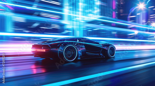 Futuristic sports car drives fast in city, shiny luxury auto moves on highway at night. Racing vehicle on neon urban road. Concept of speed, motion, light, future, design, street