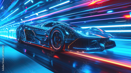 Futuristic sports car drives fast at night, shiny luxury auto moves on highway at dusk. Racing vehicle on neon city road. Concept of speed, motion line, technology, light, future © scaliger