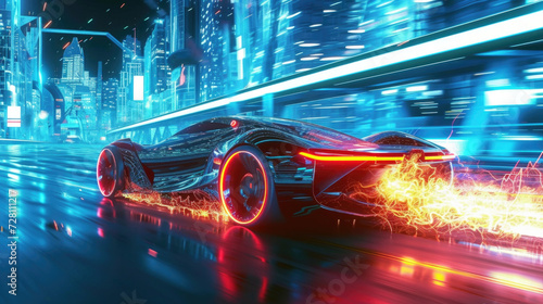 Modern sports car drives fast on city road with fire and sparks, shiny luxury auto moves on highway. Futuristic racing vehicle on neon street at night. Concept of speed, motion, future
