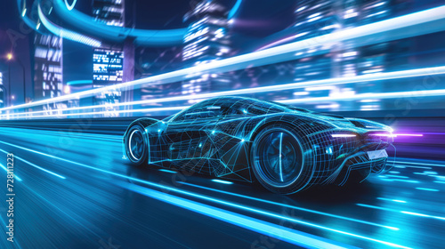 Luxury sports car drives fast on highway at night, shiny auto moves on city road. Futuristic racing vehicle on neon street. Concept of speed, motion line, light, future, design © scaliger
