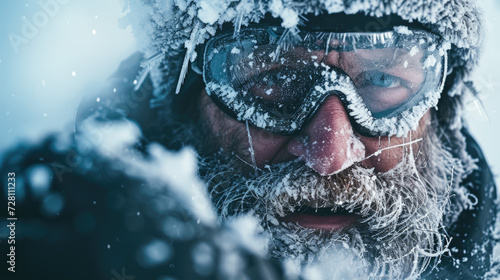 Portrait of man climber in mask with snow and ice, face of frozen bearded hiker during snowstorm in winter. Concept of cold, sport, climbing, hike, travel, storm and frost. photo