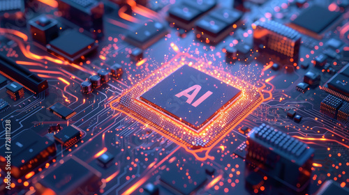 Futuristic AI processor glows with orange energy and power, chip of artificial intelligence radiates red light. Concept of computer technology, circuit board, cpu, data