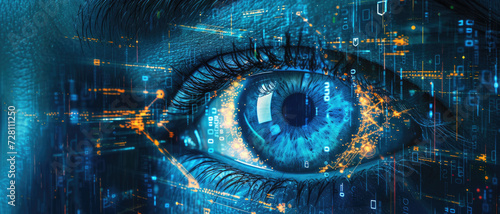 Person eye watching cyber data, abstract digital information background, wide blue banner with network security theme. Concept of ai, technology, spy, hacker, hack, art photo