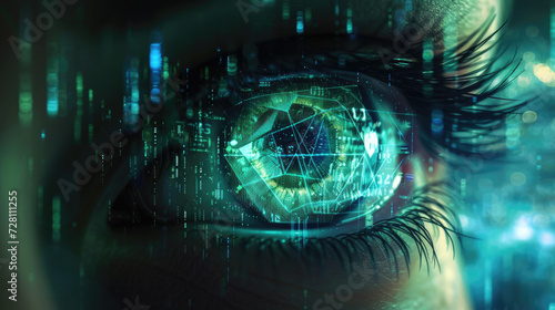 Abstract digital information background, person eye watching data in green blue lighting. Concept of ai, technology of cyber security, spy, network, hacker, hack, fraud,