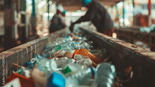 Amidst the busy hum of an indoor factory, a lone person tends to the never-ending stream of plastic bottles on the conveyor belt, each one representing a small step towards reducing food waste and pr