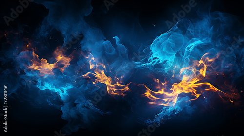 Blue fire on dark night sky background